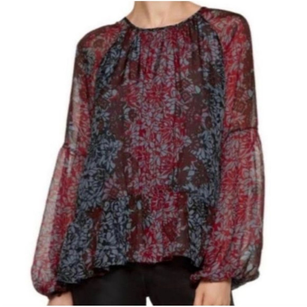 Cinq‎ a Sept Floral Silk Sheer Black Red Blouse Tie Back Size XS Ruffle